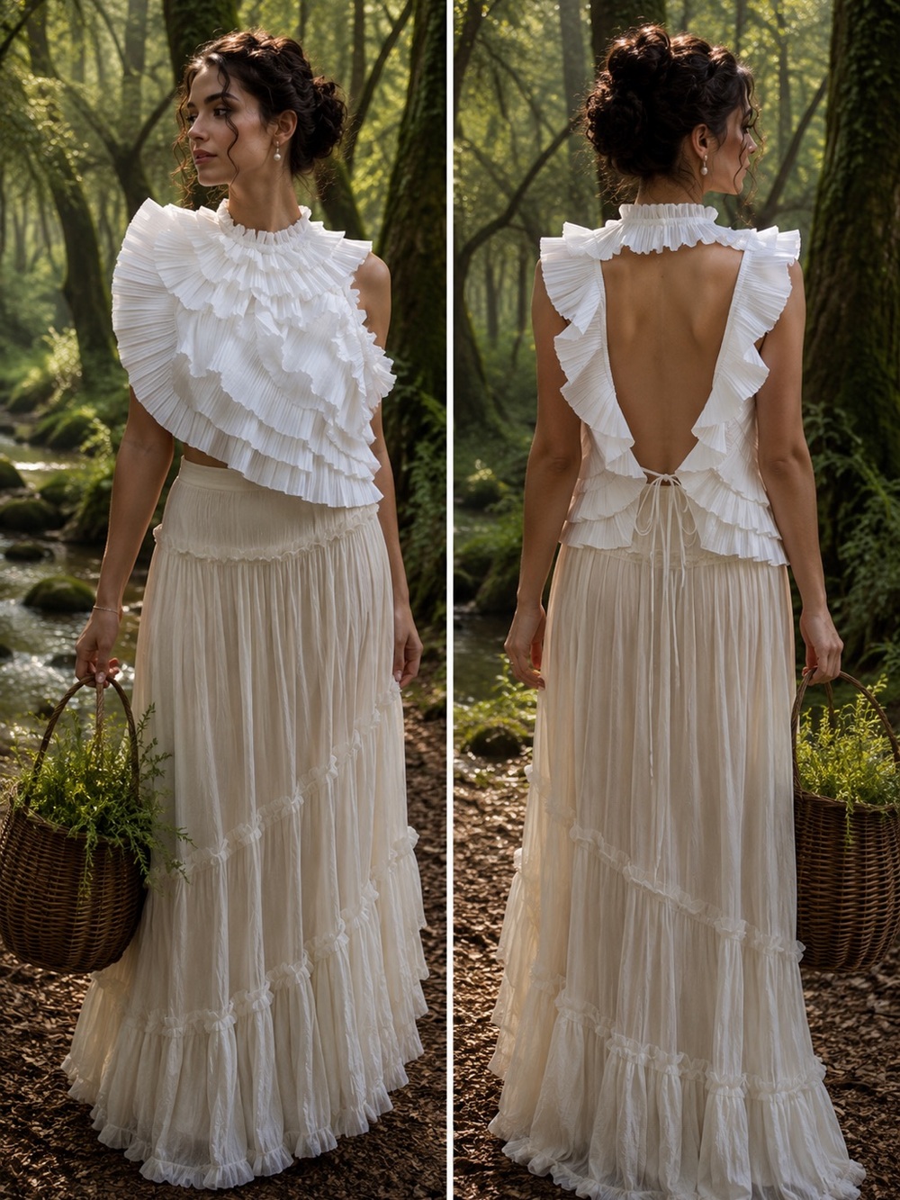 Open Back Pleated Ruffle Trim Tank Top white Sz L (US 8/10)